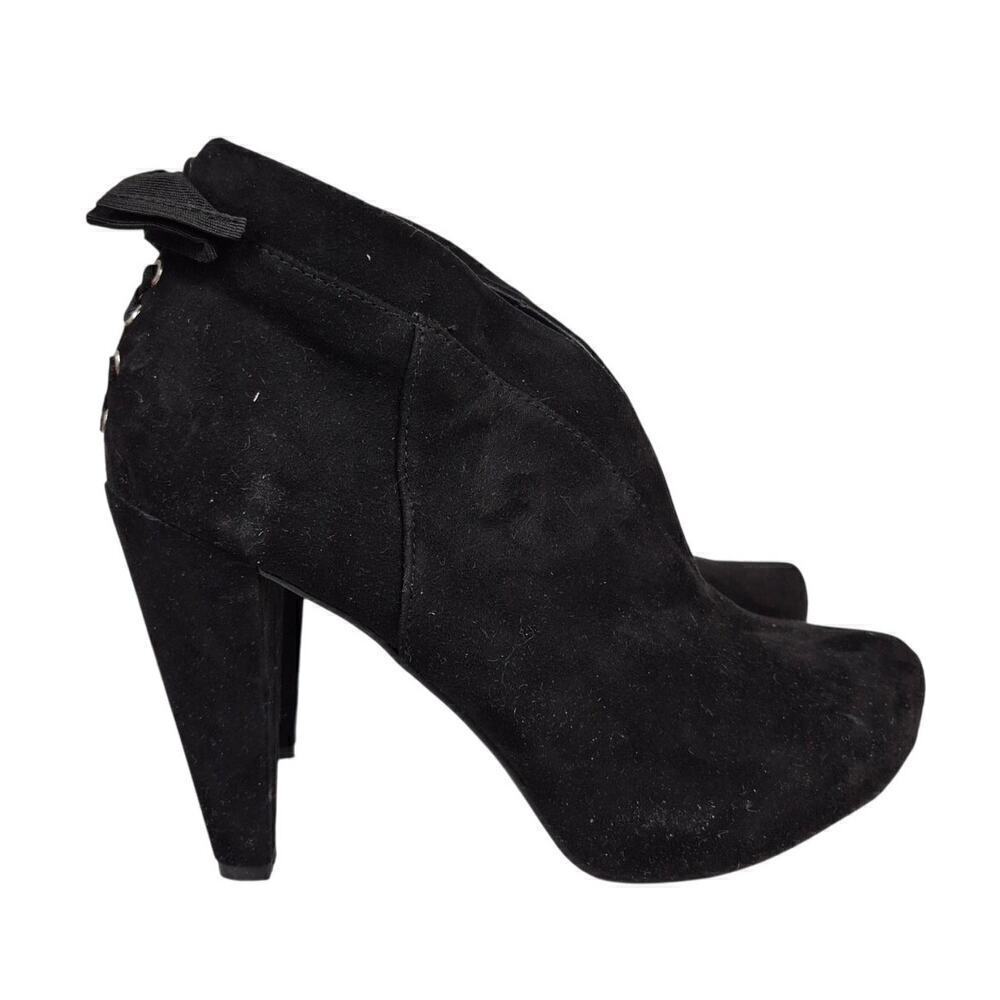 G by Guess Tarrah-SS Black Multi Fabric Faux Suede Booties Lace Up Design Sz 9